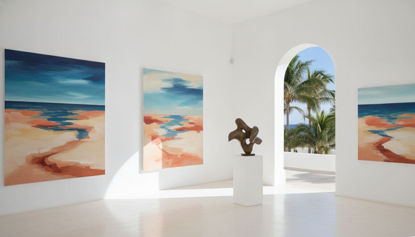 Contemporary art gallery interior in Los Cabos with paintings and sculpture